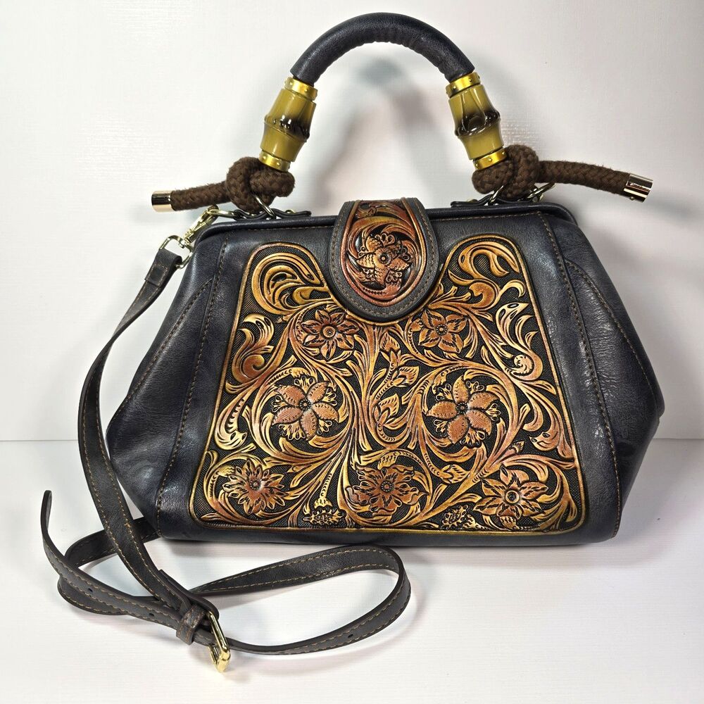 Tooled Leather Floral Satchel Bag Doctor Bamboo Handle Boho Western Crossbody